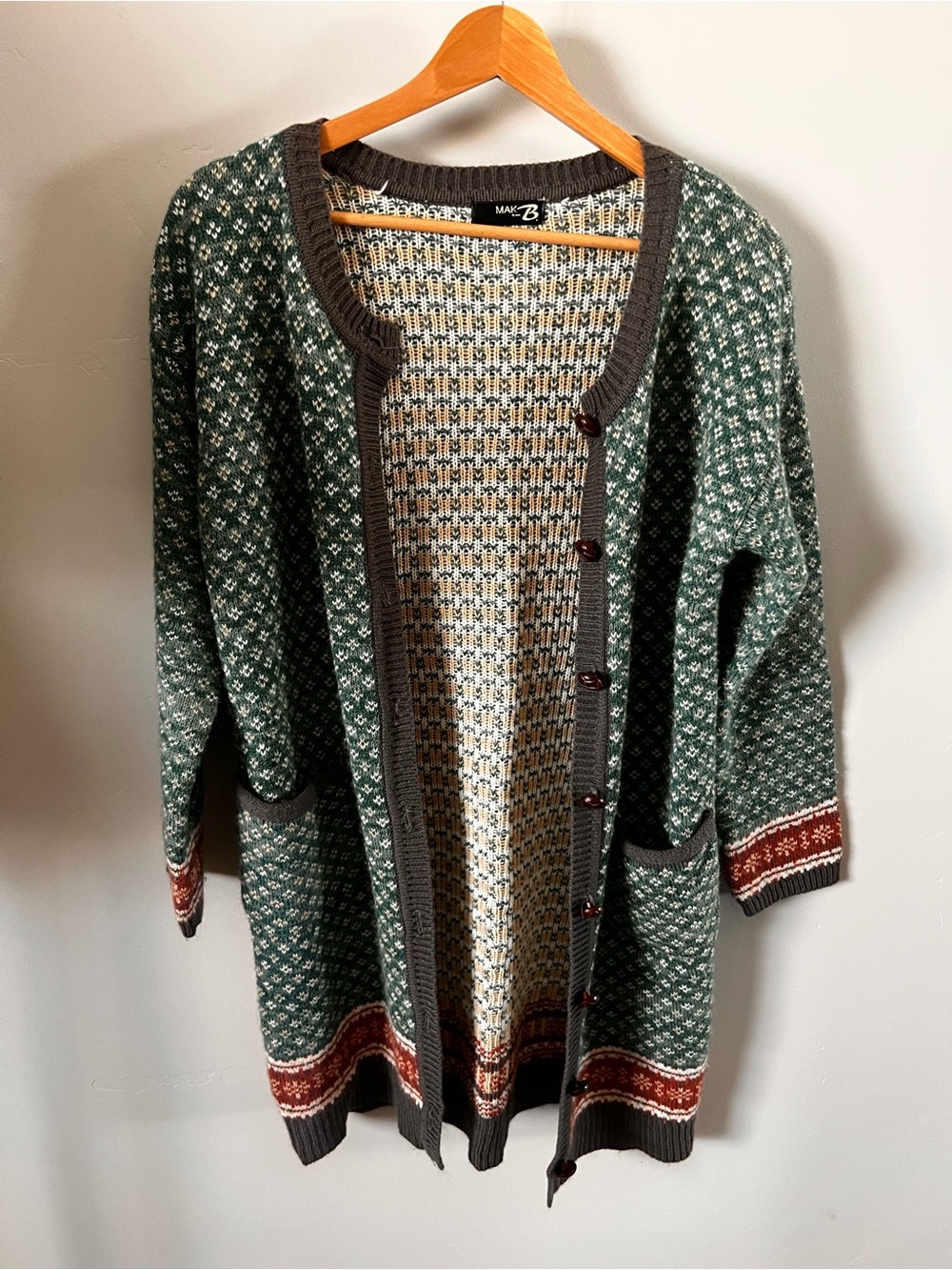 Green Patterned Long Cardigan with Contrast Trim
